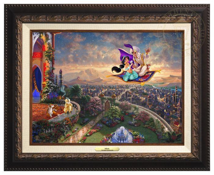 Aladdin and Jasmine fly away on the magic carpet, the Sultan and Rajah watch from the castle&