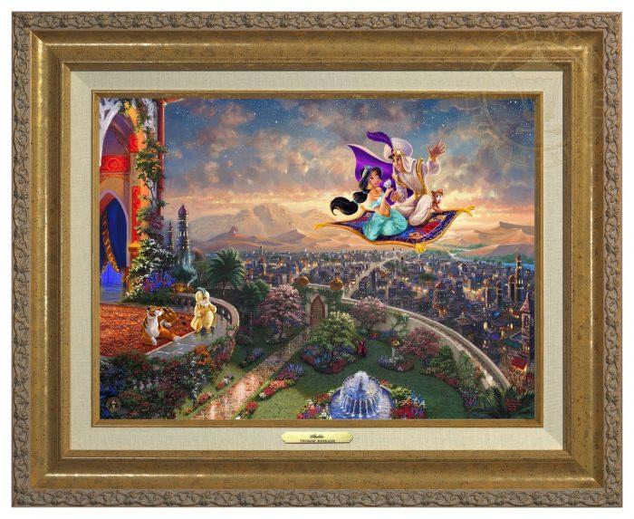 Aladdin by Thomas Kinkade.  Aladdin and Jasmine fly away on the magic carpet, the Sultan and Rajah watch from the castle&