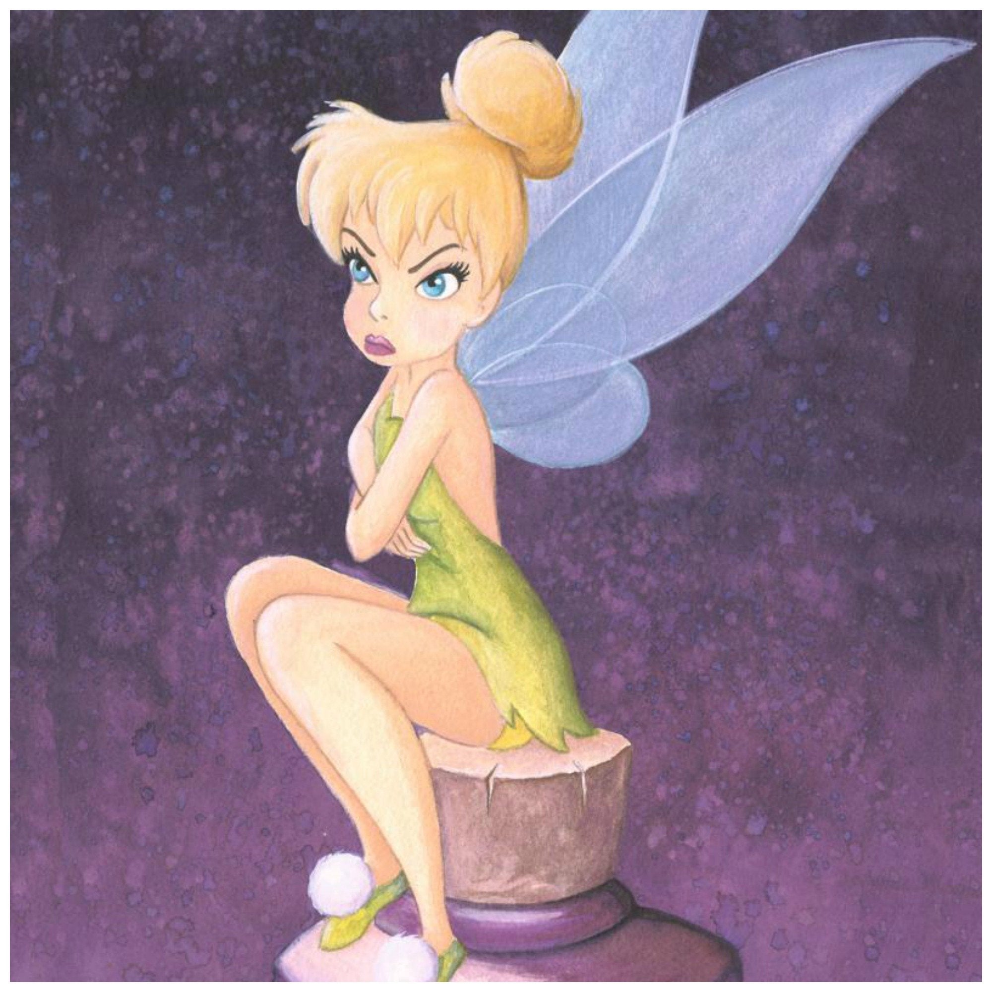 All Bottled Up by Michelle St. Laurent.  Tinker Bell is pouting as she sits on top of a cork bottle - closeup
