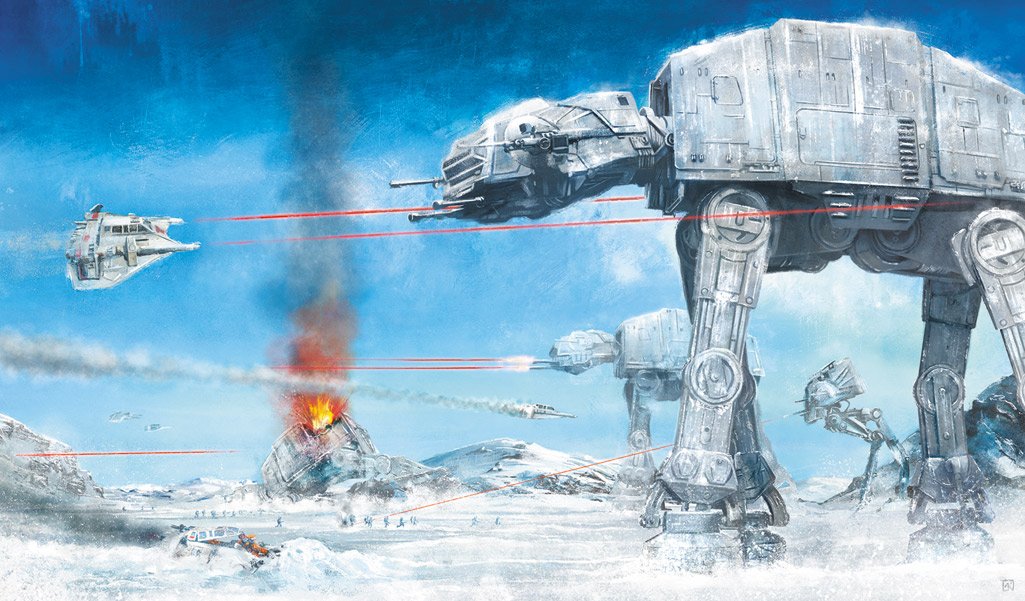 AT-AT walkers and ground troops attack the Rebel Alliance base. - Canvas