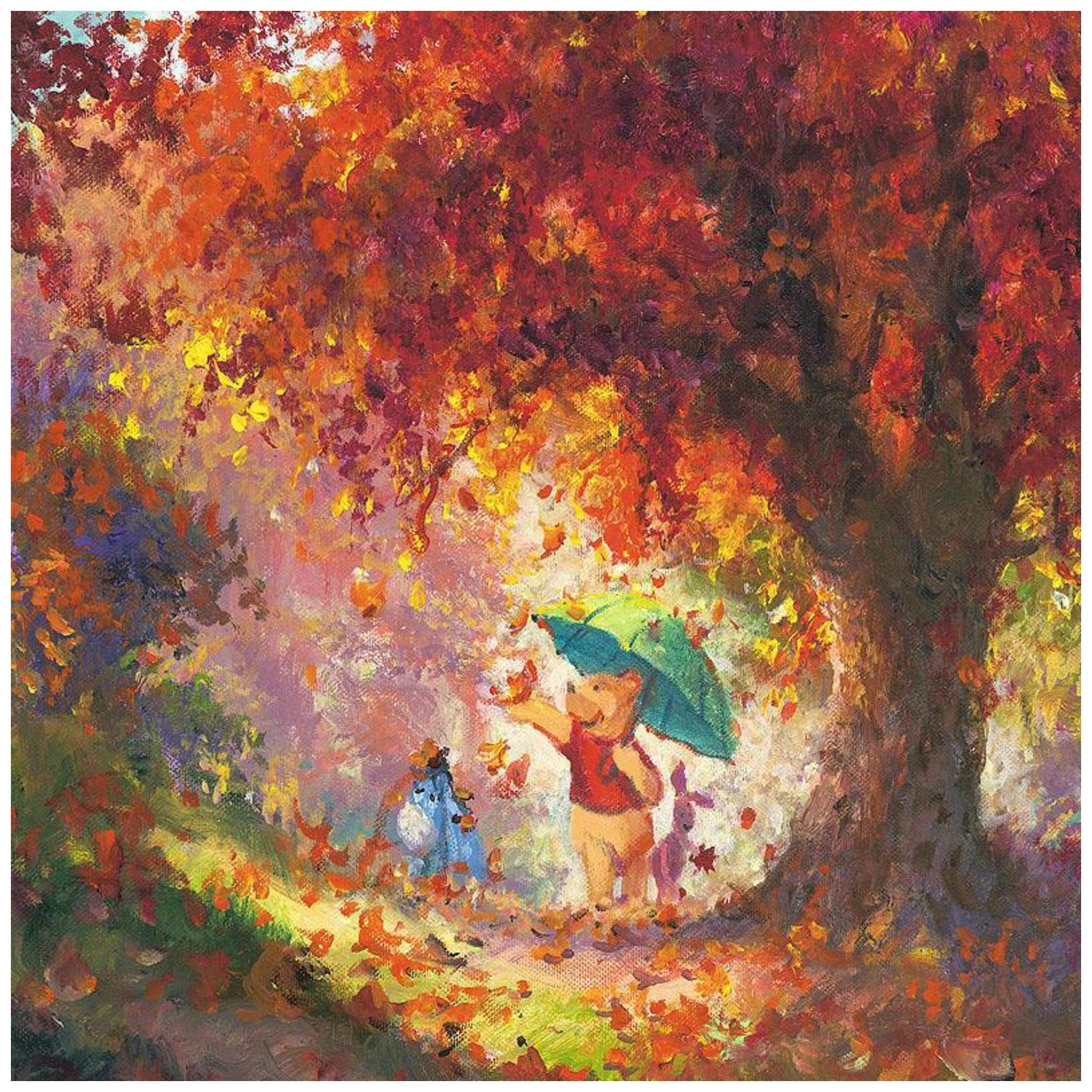 Autumn Leaves Gently Falling by James Coleman  Winnie the Pooh holding a green umbrella, to keep the fall leaving from falling on him - closeup