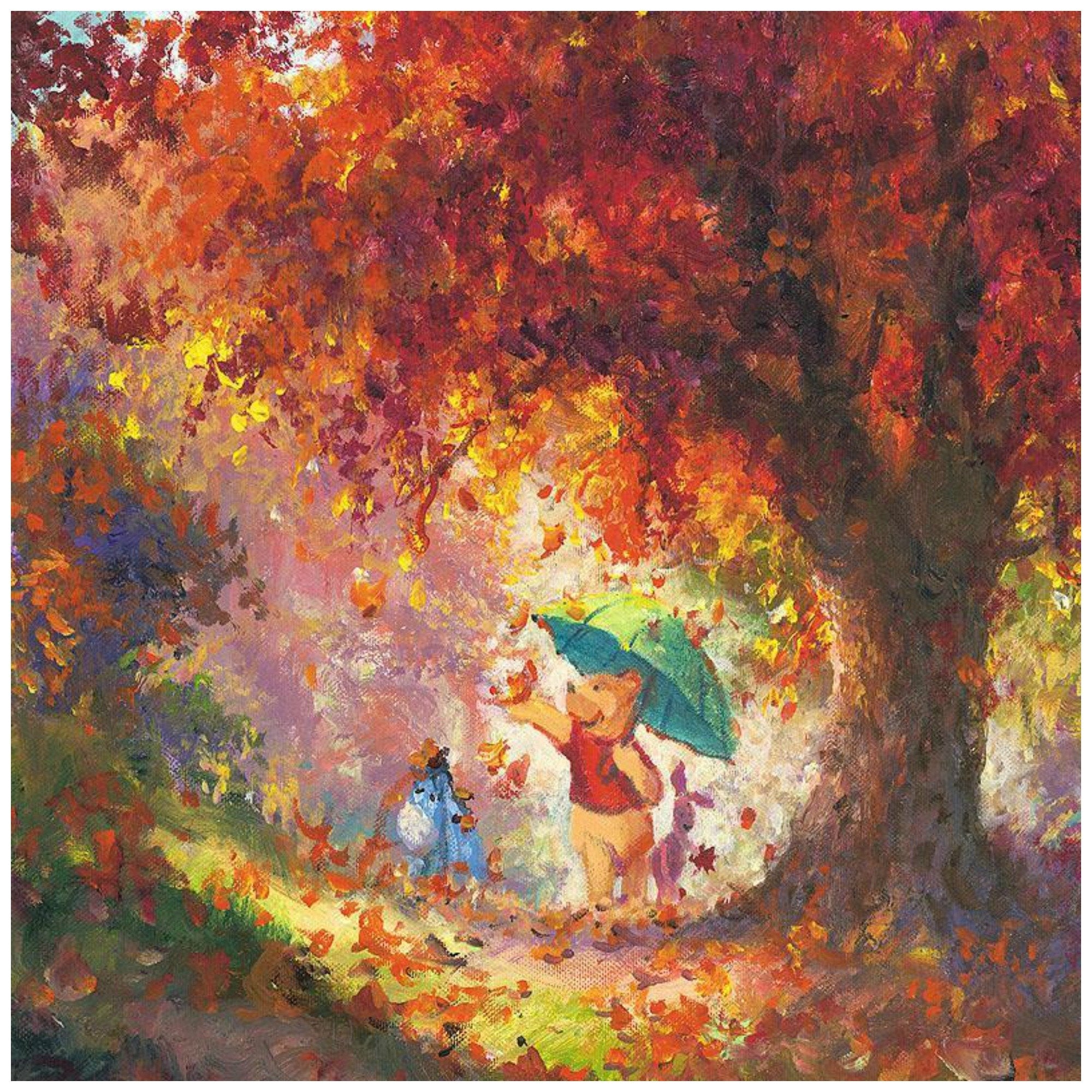Autumn Leaves Gently Falling by James Coleman Winnie the Pooh holding a green umbrella, to keep the fall leaving from falling on him - closeup