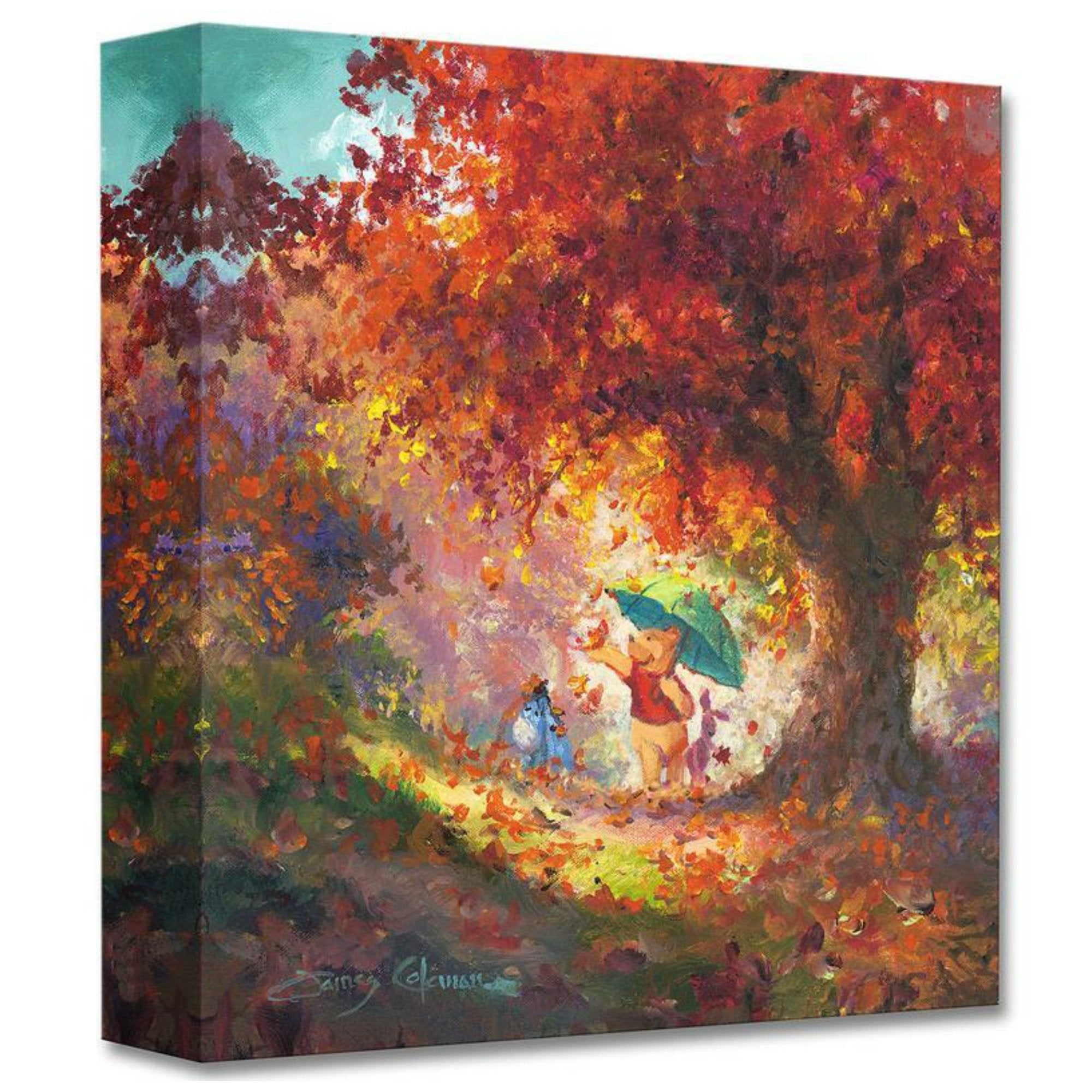 Autumn Leaves Gently Falling by James Coleman Winnie the Pooh holding a green umbrella, to keep the fall leaving from falling on him.