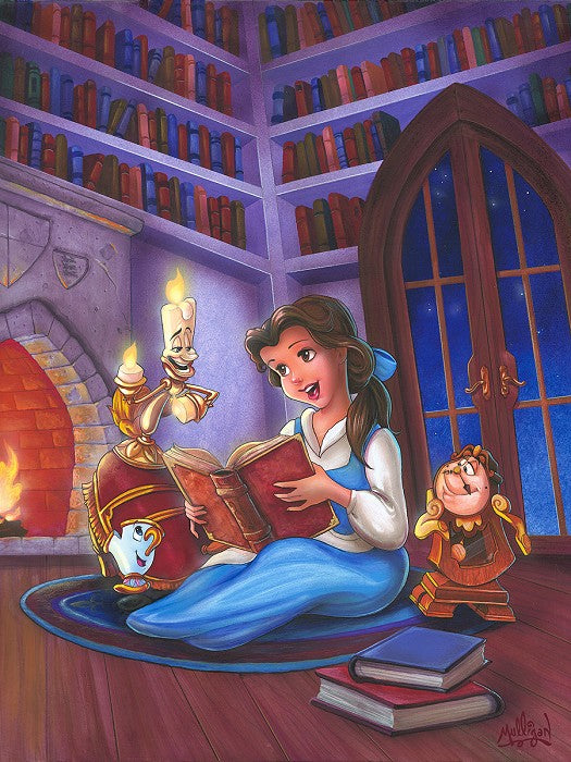 Cogsworth, Lumiere and  Chip Potts sit around the warm fireplace with Belle as she read them a story.