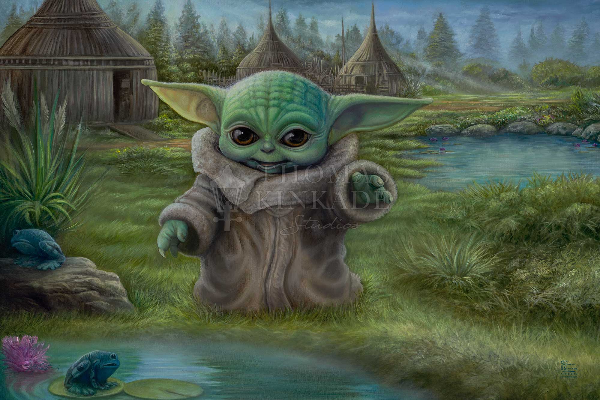 The Child plays by a pond. Inspired by Star Wars Movies Series The Mandalorian.