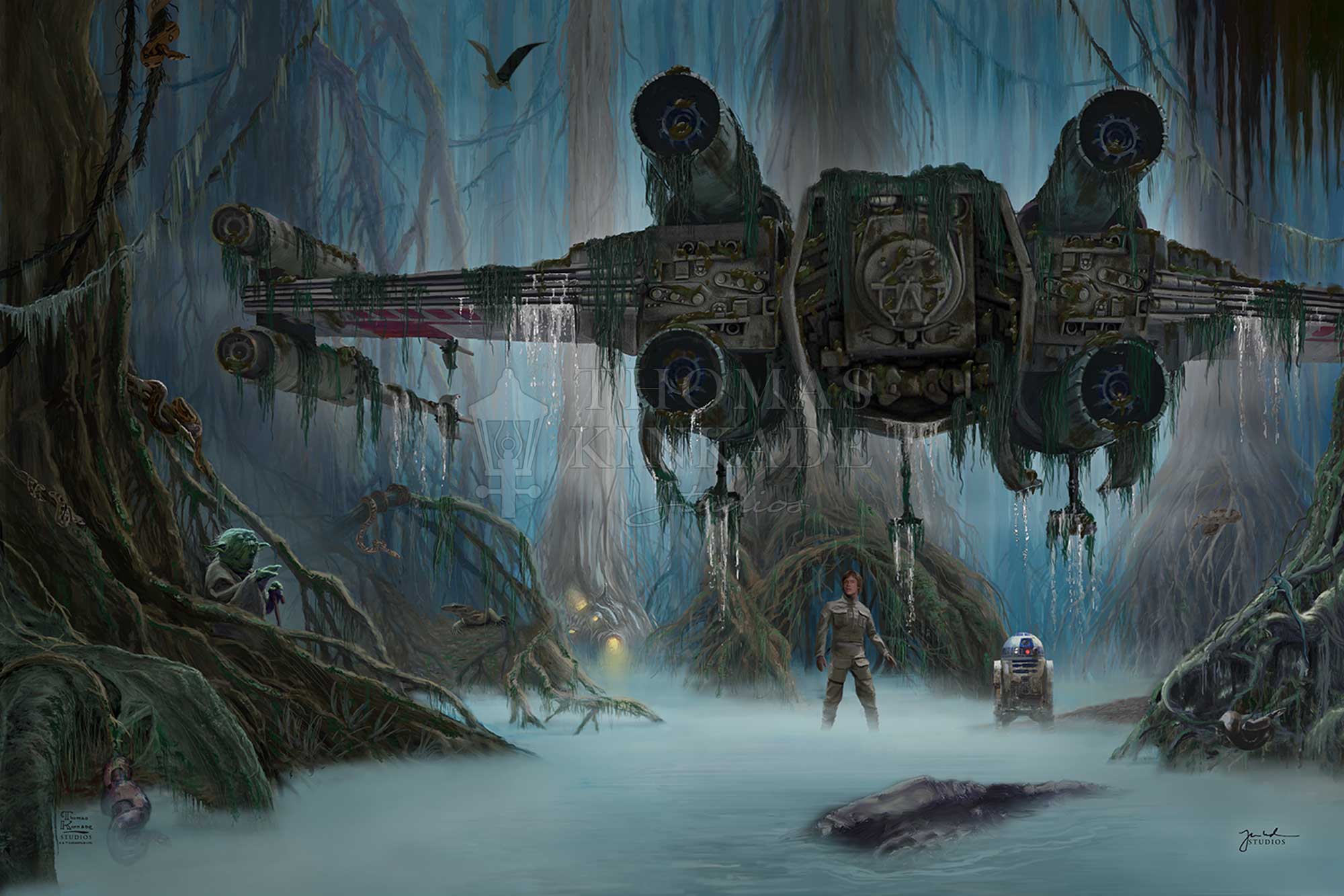 Features Luke Skywalker and Yoda in Dagobah a swamp-covered planet. Artwork inspired by Star Wars: The Empire Strikes Back.
