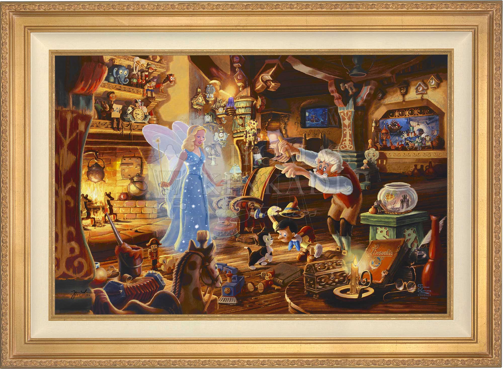 The Blue Fairy is poised to make this wish come true. Joy fills the workshop as Geppetto’s wish is granted. The faces of Jiminy Cricket and Cleo as they watch the sweet interaction of Figaro meeting Pinocchio for the very first time. Antique Gold Frame