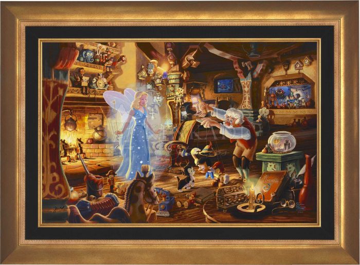 The Blue Fairy is poised to make this wish come true. Joy fills the workshop as Geppetto’s wish is granted.  The faces of Jiminy Cricket and Cleo as they watch the sweet interaction of Figaro meeting Pinocchio for the very first time. Aurora gold Frame