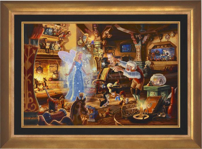 The Blue Fairy is poised to make this wish come true. Joy fills the workshop as Geppetto’s wish is granted. The faces of Jiminy Cricket and Cleo as they watch the sweet interaction of Figaro meeting Pinocchio for the very first time. Aurora gold Frame