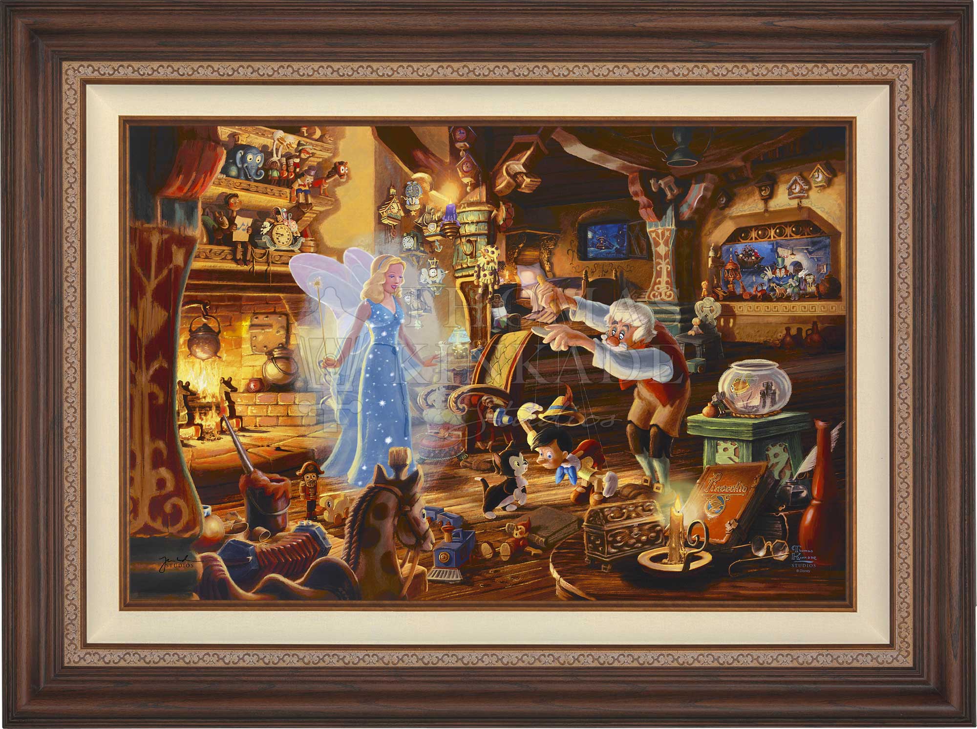 The Blue Fairy is poised to make this wish come true. Joy fills the workshop as Geppetto’s wish is granted. The faces of Jiminy Cricket and Cleo as they watch the sweet interaction of Figaro meeting Pinocchio for the very first time. Dark Walnut Frame