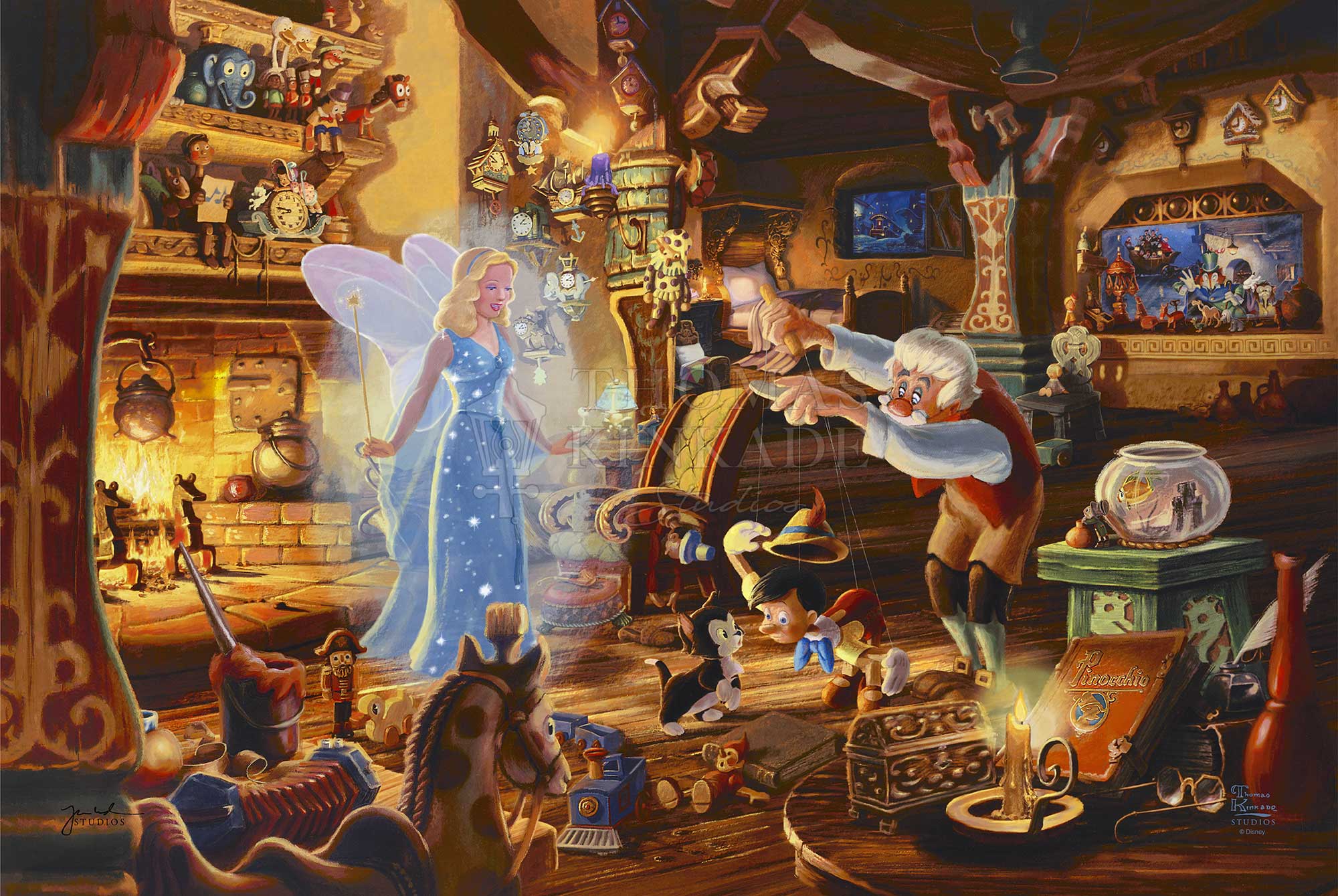 The Blue Fairy is poised to make this wish come true. Joy fills the workshop as Geppetto’s wish is granted. The faces of Jiminy Cricket and Cleo as they watch the sweet interaction of Figaro meeting Pinocchio for the very first time. Unframed