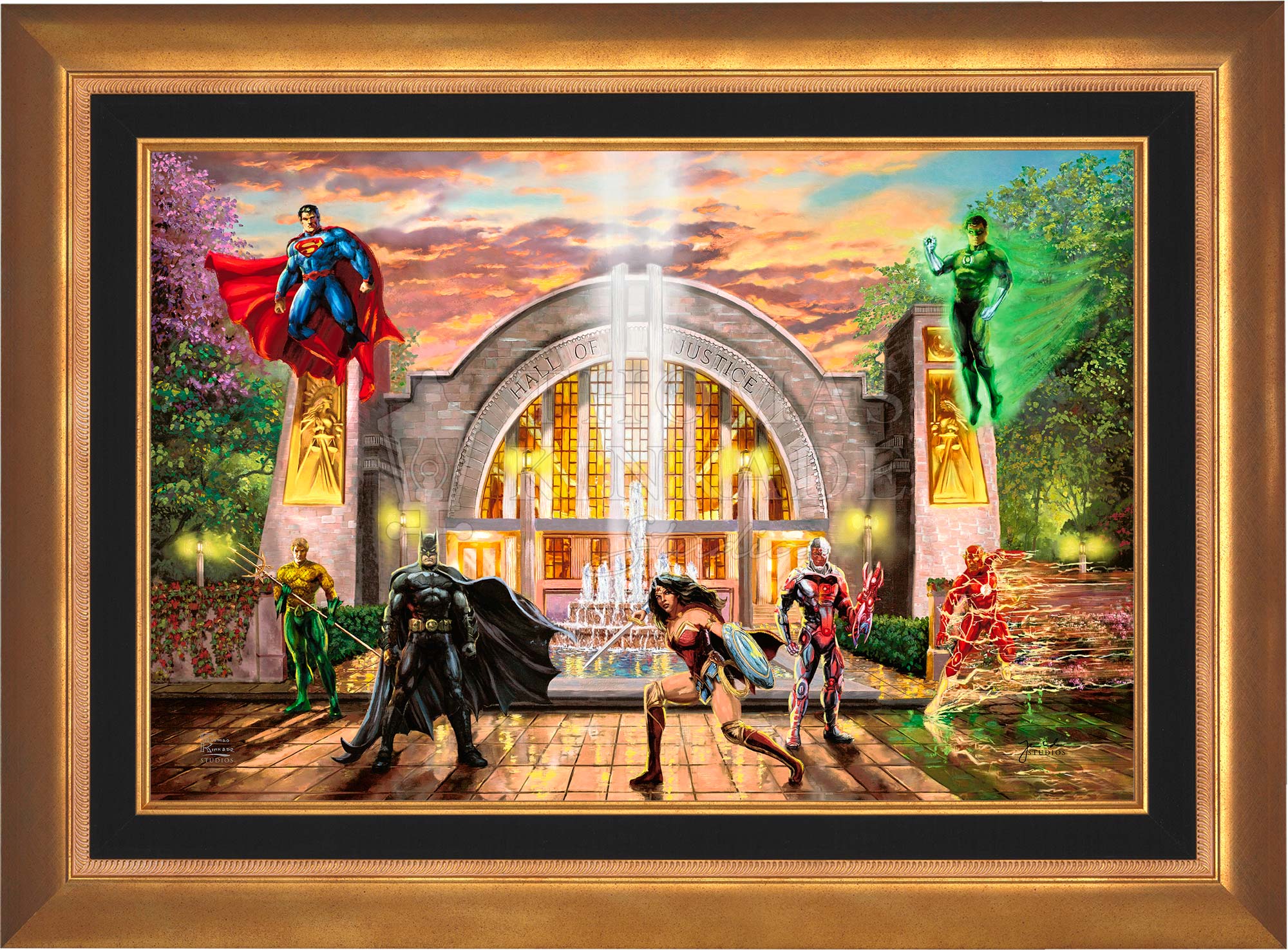 Hall of Justice by Thomas Kinkade Studios. In Hall of Justice the intrepid heroes-Batman, Wonder Woman, Cyborg, Aquaman, Green Lantern, Superman, and The Flash – have been called into action. - Aurora Copper - Frame