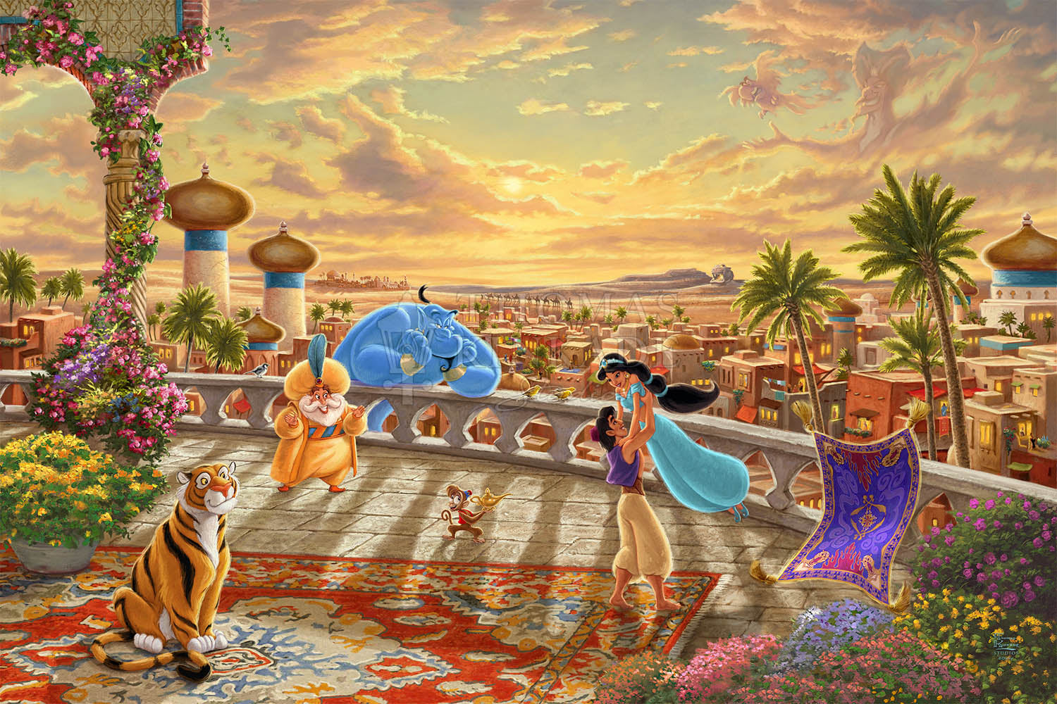 A romantic setting glow over the kingdom of Agrabah. Aladdin twirls Jasmine around the palace balcony, as they celebrate with all their friends. ver the kingdom of Agrabah as Aladdin twirls Jasmine around the palace balcony -Unframed.