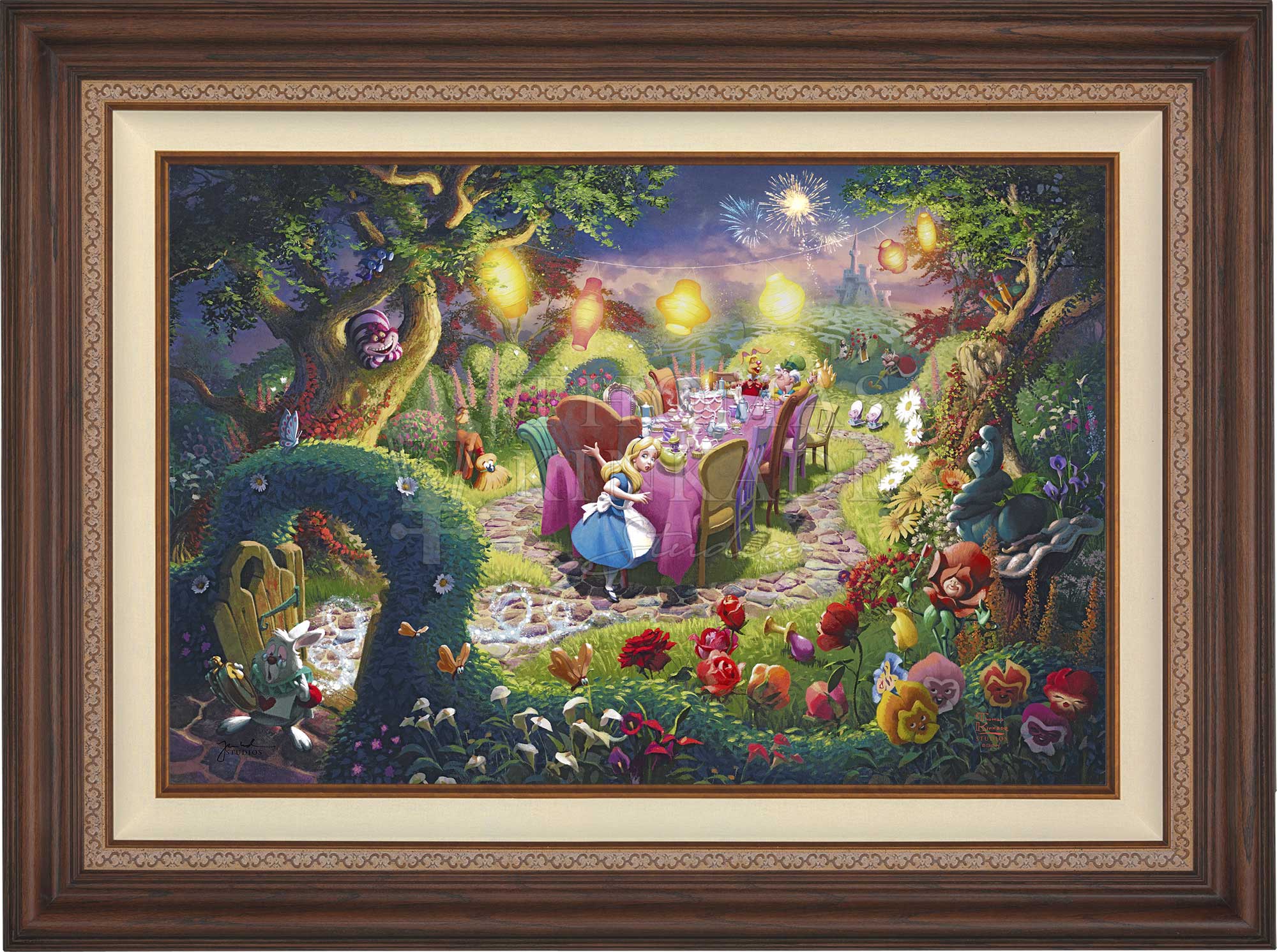 The dining table is set with a variety of teas, pastries, and goodies, and soft light emanates from the lanterns overhead. - Dark Walnut