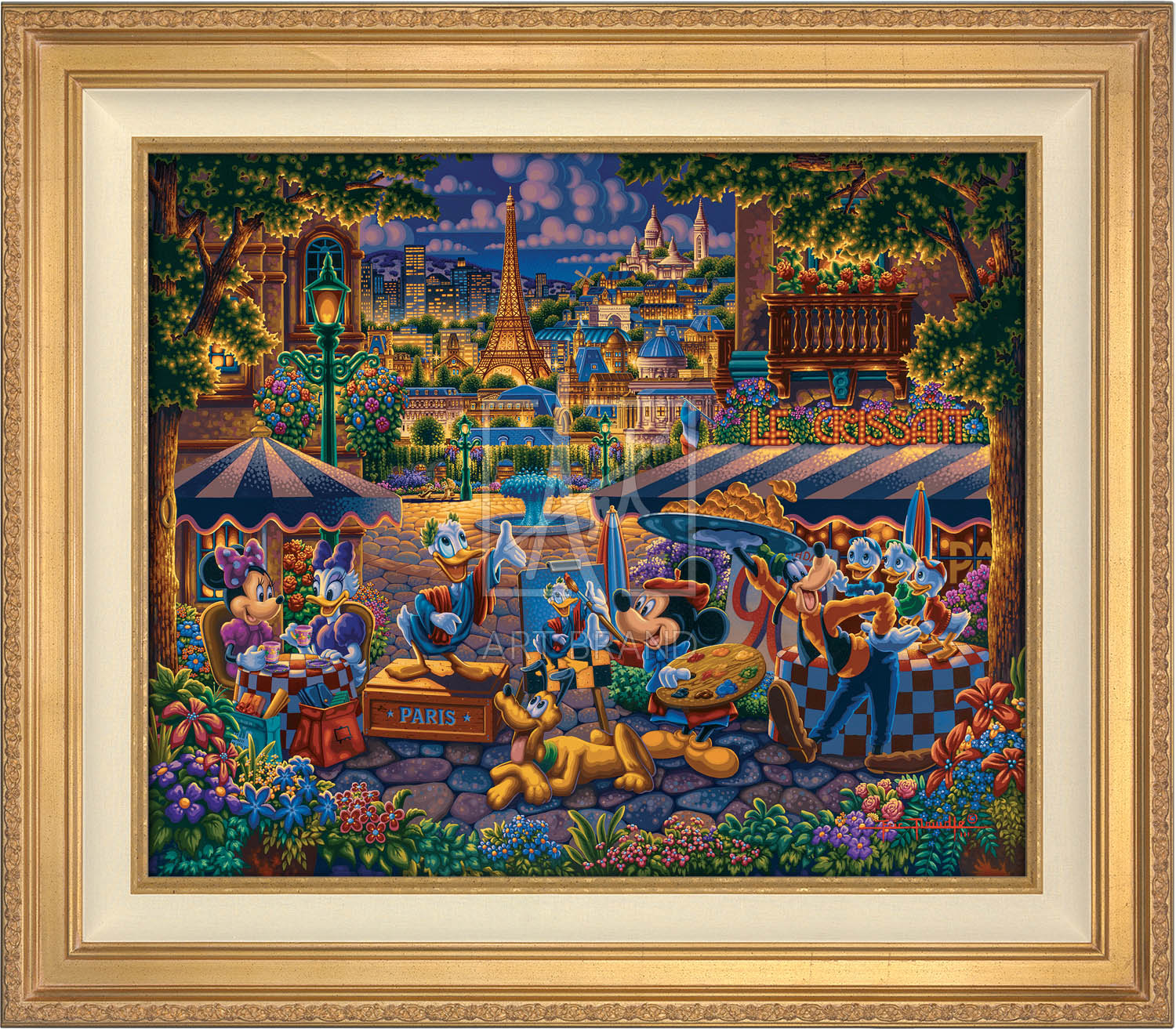 Mickey Mouse and Donald Duck playing the part of both artist and model, as they enjoy the company of friends, in the courtyard plaza in Paris - Antique Gold Frame.