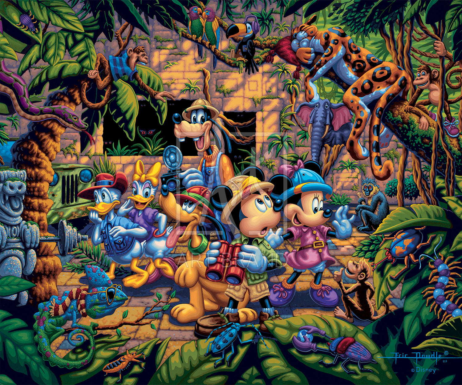 The lush jungle vegetation supports a variety of creatures great and small, including a chameleon, a variety of insects, a snake, birds, monkeys, and even a leopard and an elephant. Mickey and friends find themselves in the center of it all!