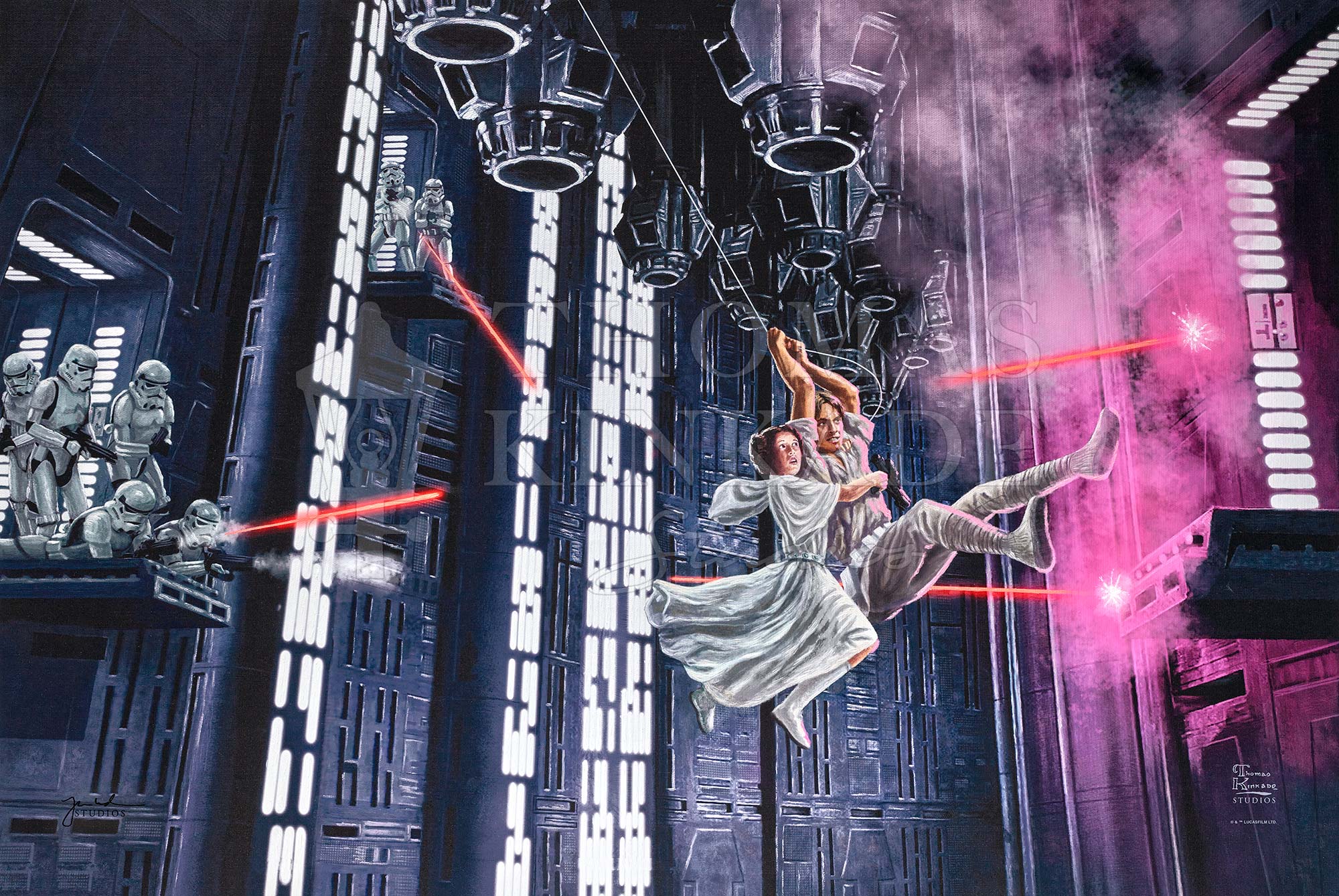 On The Run by Thomas Kinkade Studios In this scene, Leia has just provided cover for herself and Luke, using the blaster that Luke took from a Stormtrooper. Two Stormtroopers can be seen lying down, firing their weapons.