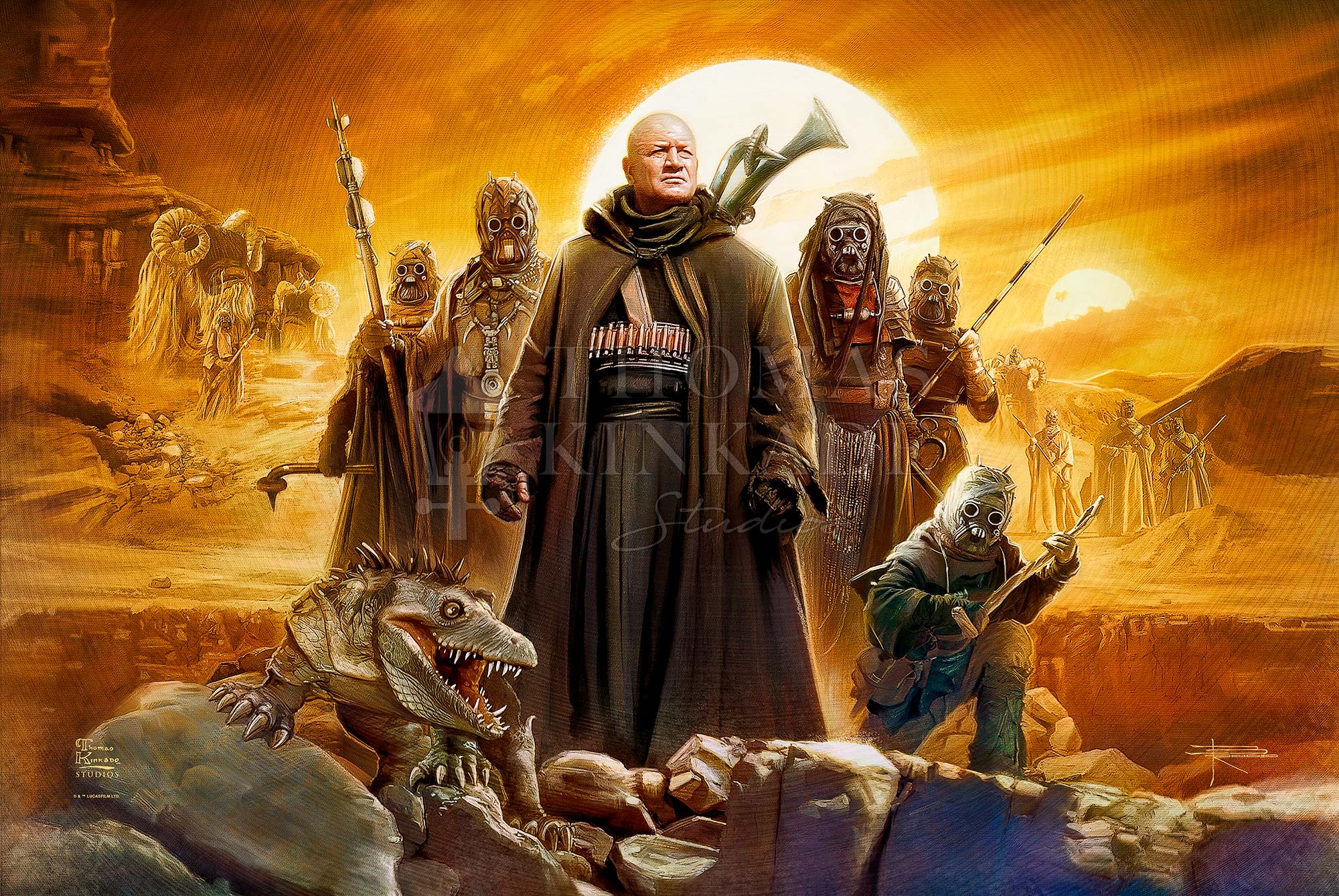 The Book of Boba Fett - Tusken Raider by Monty Moore. Captures the bond forged between Boba Fett and his newfound family, highlighting some of the critical moments that defined their relationship and set the course for Boba’s future. Unframed Canvas