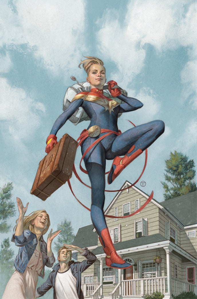 Captain Marvel leaps up into the sky 