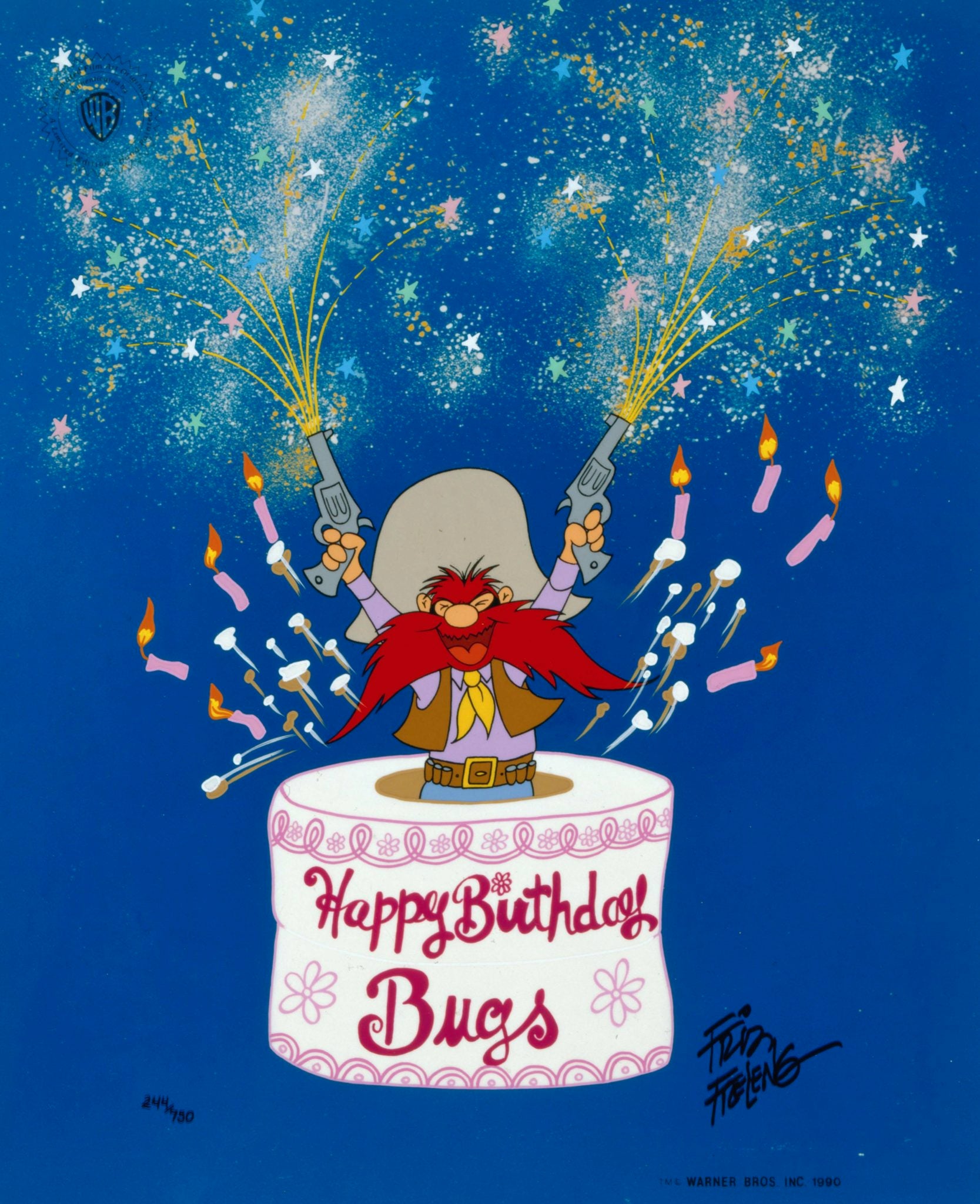 Yosemite Sam pops out of a birthday cake to wish BUGS a Root’n-Toot’n 50th Birthday.