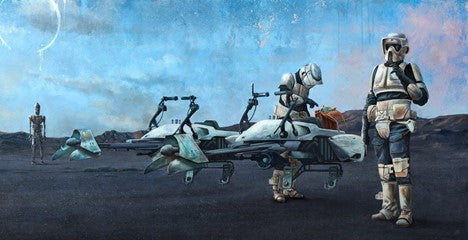 Checkpoint by Akirant The Scout Troopers have the Child in the back of their Speeder Bike. The Mandalorian interpretive artwork featuring the Child - Yoda.