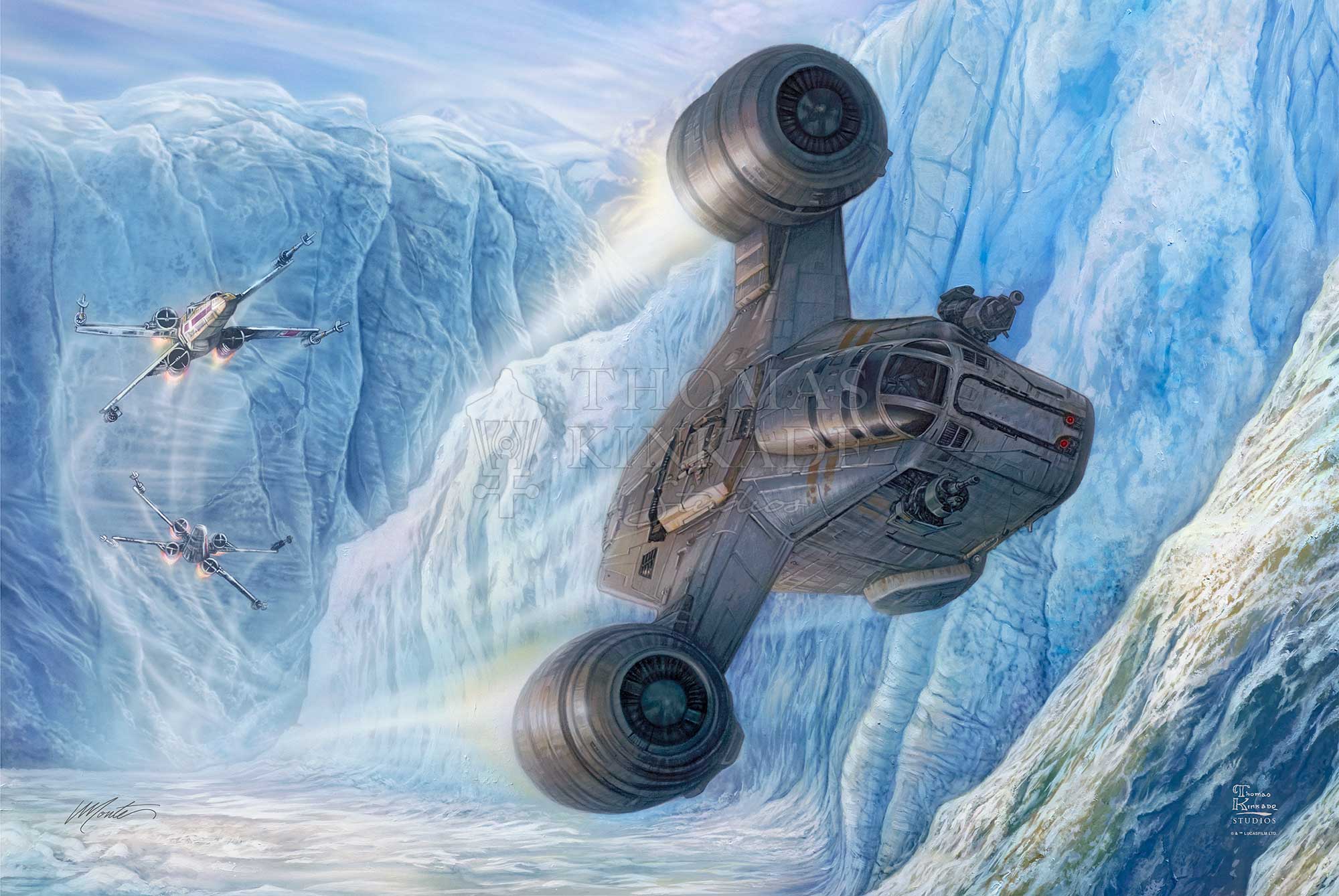 The Razor Crest is being chased by 2 X-wing fighters. Unframed