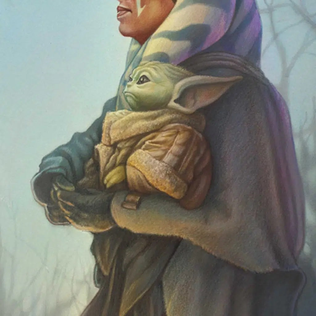 Ahsoka Tano holds Grogu in her arms. Close-up