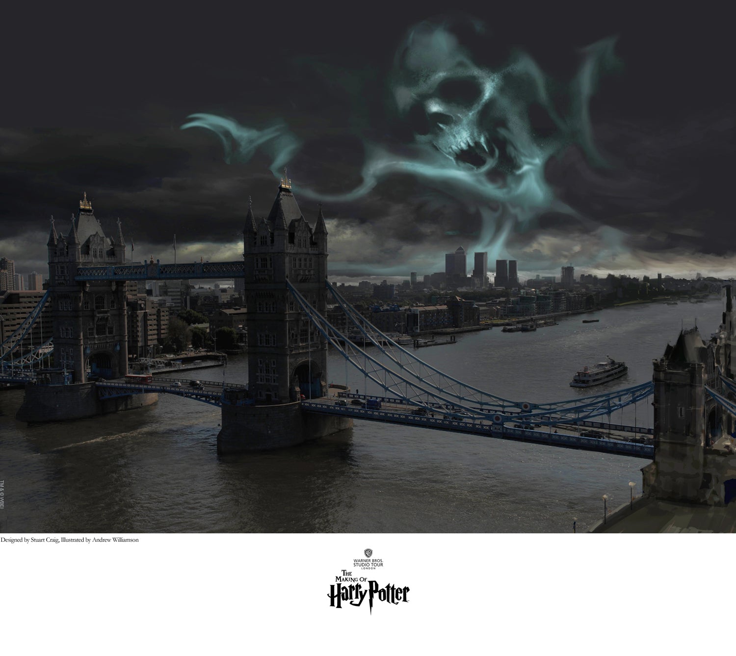 Dark Mark Over London by Stuart Craig. A face like dark skull image lures over the London bridge.