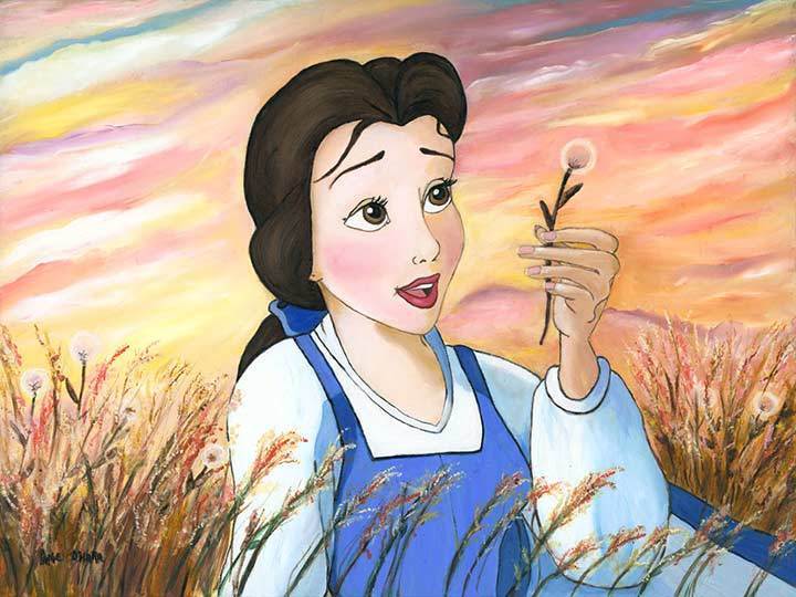 Belle sitting in a a grassy field, picking dandelions.