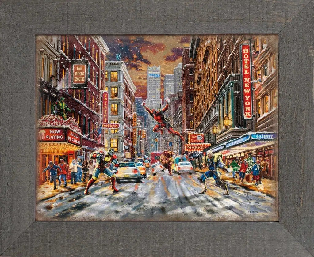 Deadpool - Snow Day By Thomas Kinkade Studios. On a cold New York City day people are bustling around the busy city streets, mercenary Wade Wilson swings through mid-air flight to confront Colossus with snowballs in each of his fists. Metal frame print