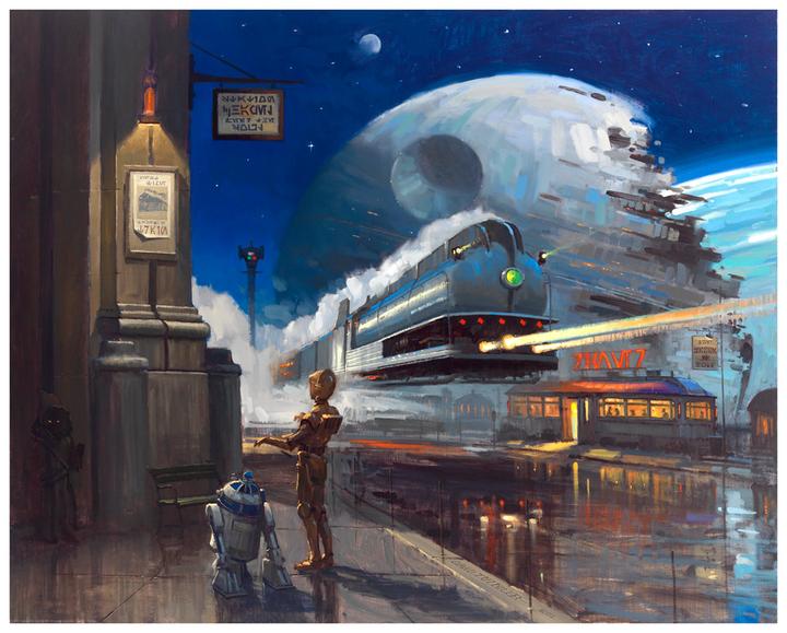 C3-PO and R2-D2 at the train station. - with the destroyed Death Star behind them