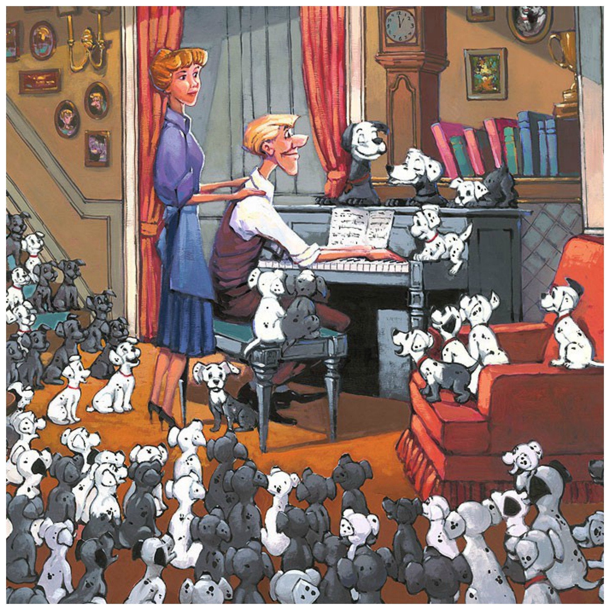 Family Gathering by Rodel Gonzalez. Perdy and Pongo and their pups gathered quietly around Roger as he plays the piano, with Anita showing support - closeup.