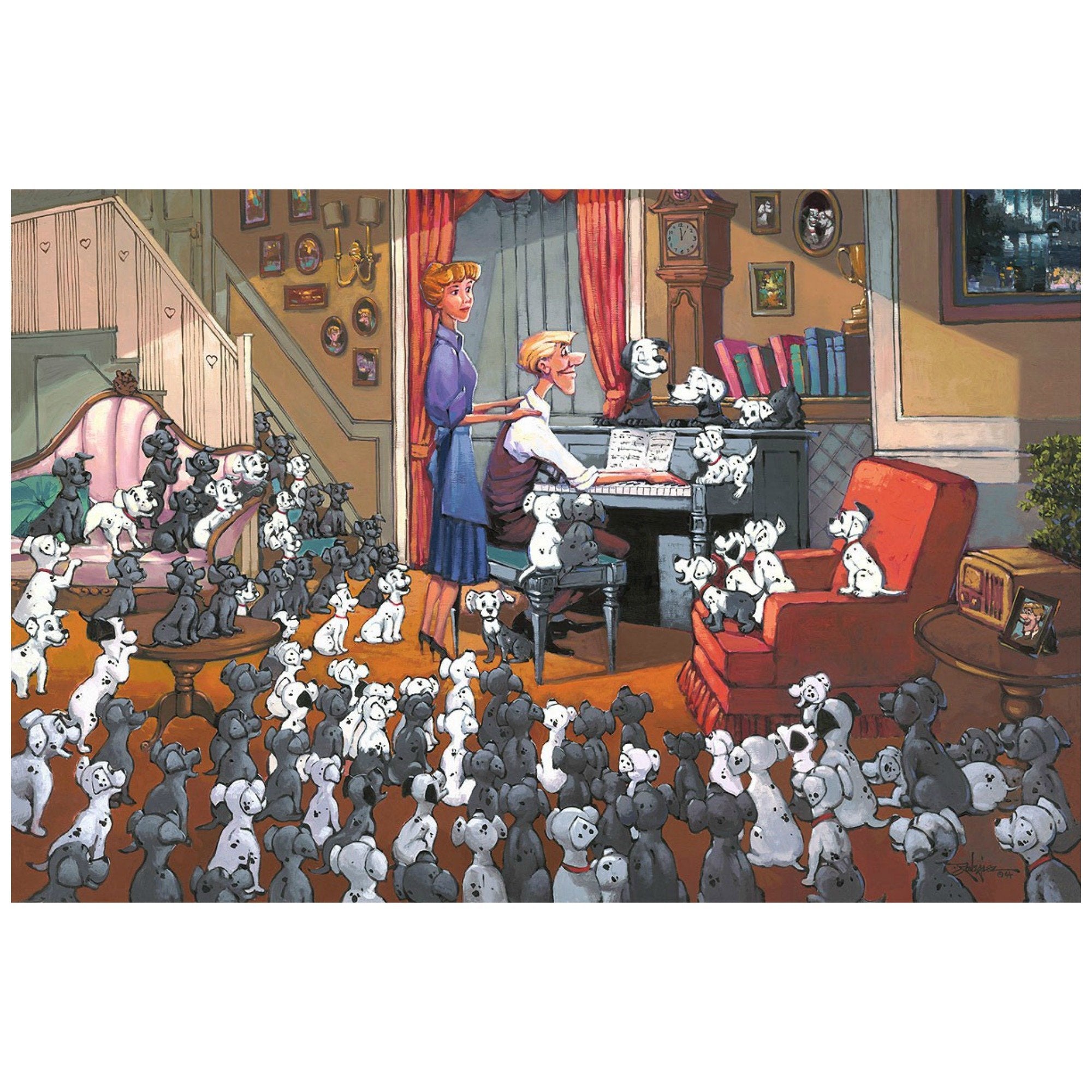 Family Gathering by Rodel Gonzalez. Perdy and Pongo and their pups gathered quietly around Roger as he plays the piano, with Anita showing support.