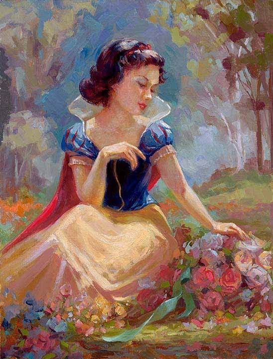 Snow White sitting in a woody area, gathering the colorful flowers, she picked.