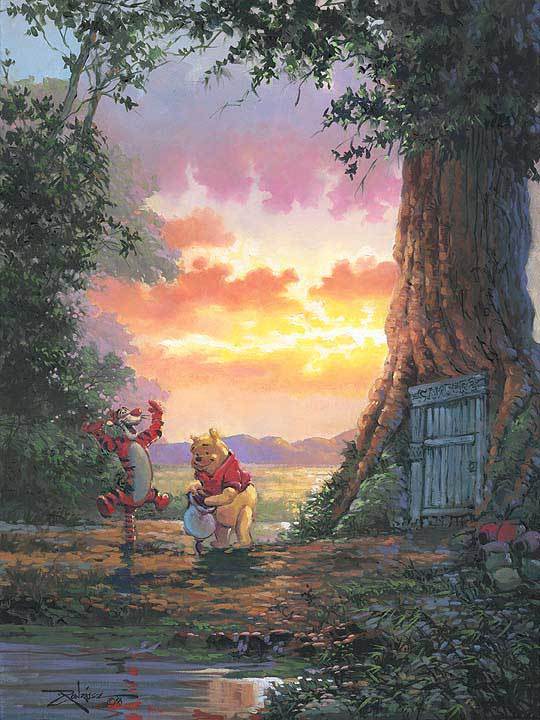 Winnie the Pooh eating honey, while Tigger jump for joy...