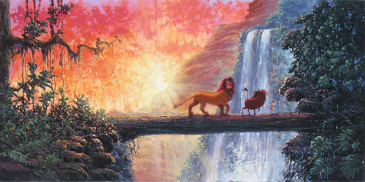 Hakuna Matata by Rodel Gonzalez. Simba, Pumbaa and Timon walking cross a large fallen tree trunk, singing their favorite lyrics...."Hakuna Matata" means "no worries" in Swahili.