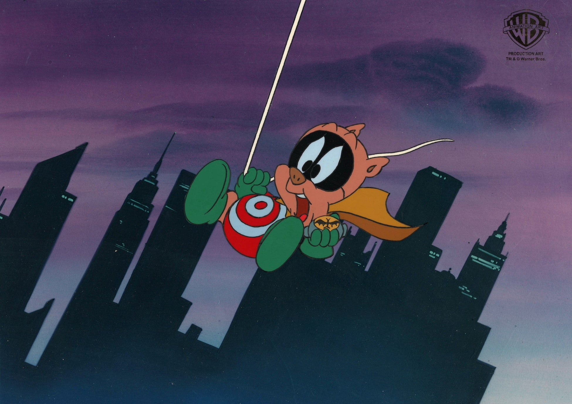 Hamton is wearing a bulls-eye Batpig costume.