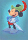 Mickey is a Happy Hero, dressed as Robin Hood, with his sword and feathered hat.
