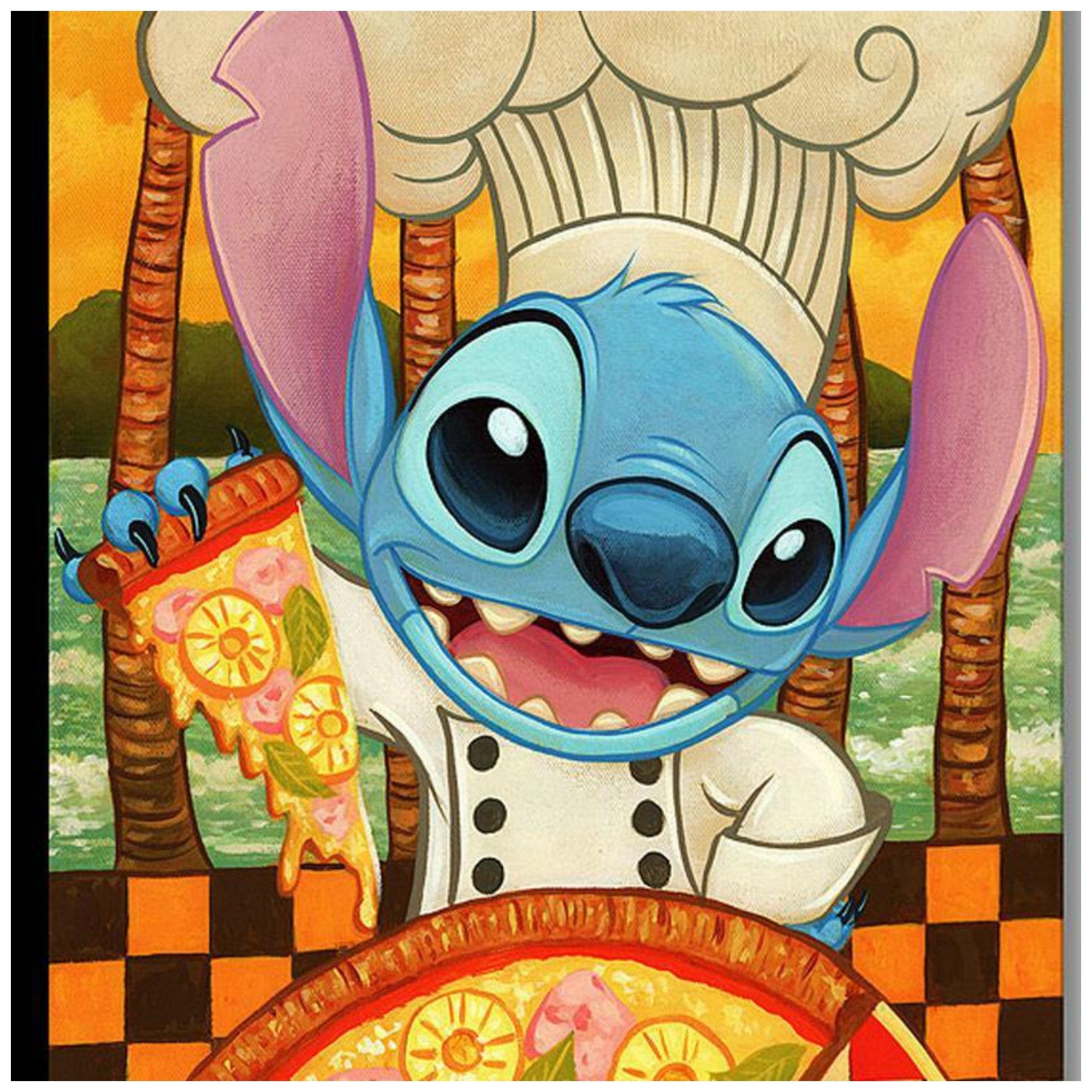 Hawaiian Pizza by Tim Rogerson Chef Stitch is all smiles in this billboard style cameo poses, holding a slice of pineapple pizza - closeup