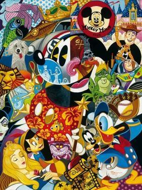 A big colorful Mickey surrounded by all the Disney characters