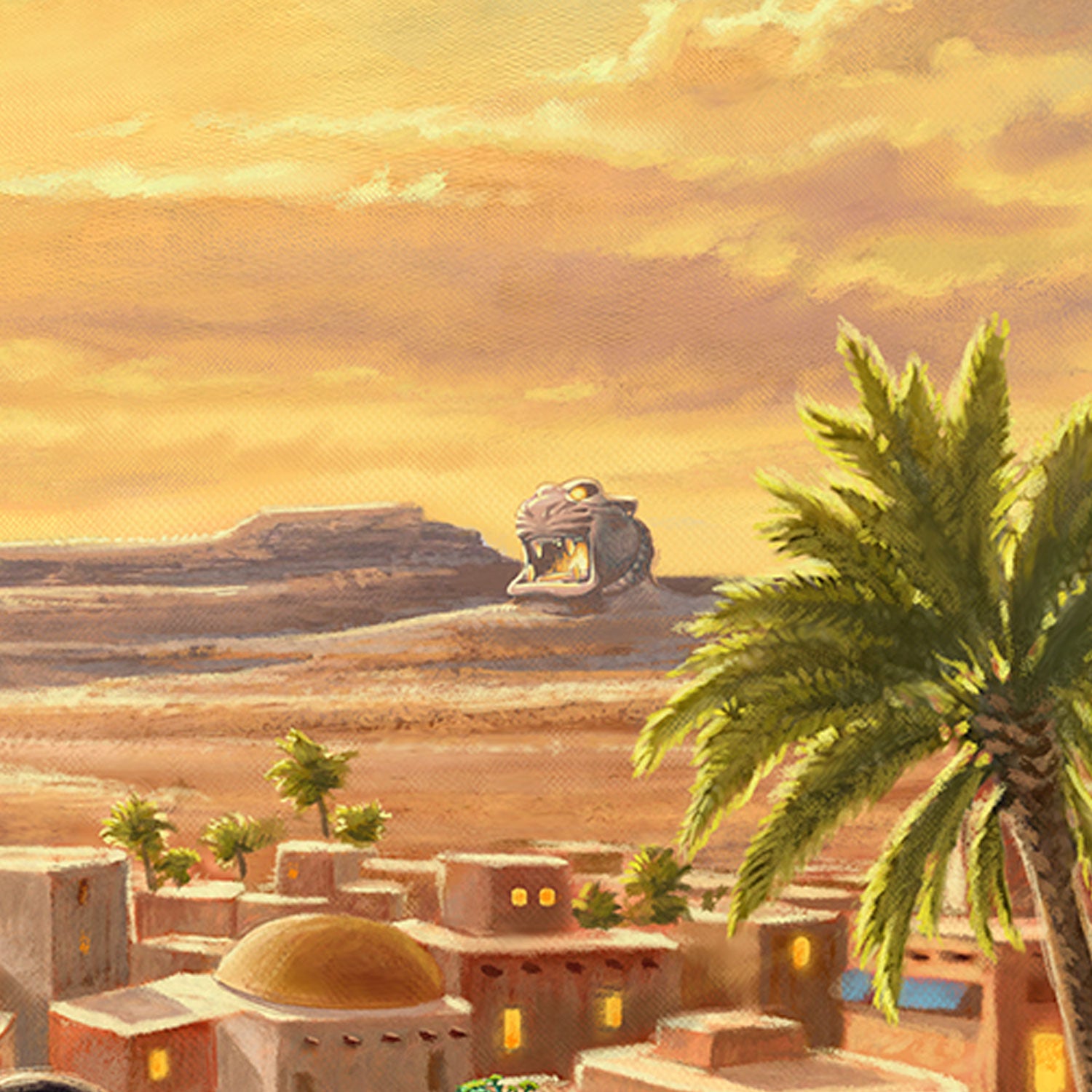 In the background, the kingdom of Agrabah is illuminated by the setting sun. - Closeup