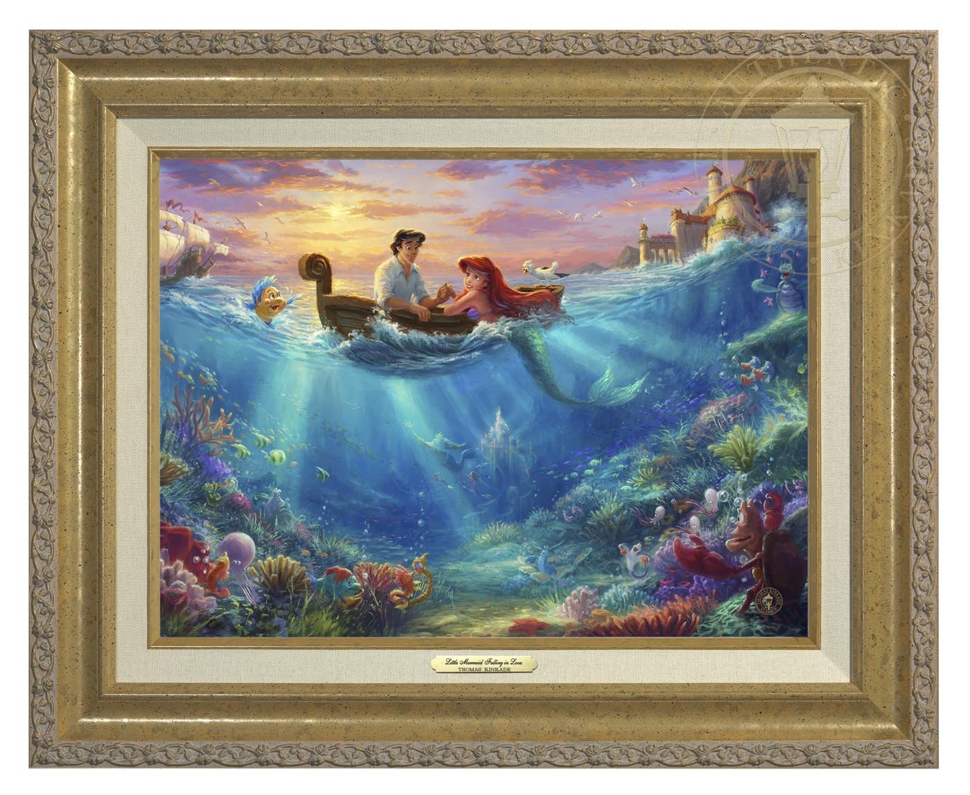Little Mermaid Falling in Love by Thomas Kinkade Studios. Ariel and Prince Eric share precious time together with Flounder and Sebastian nearby. The wretched sea witch, Ursula, lurks in the shadows for her opportunity to strike. Deep below King Triton races from the castle in Atlantica to rescue his daughter - Antique Gold Frame
