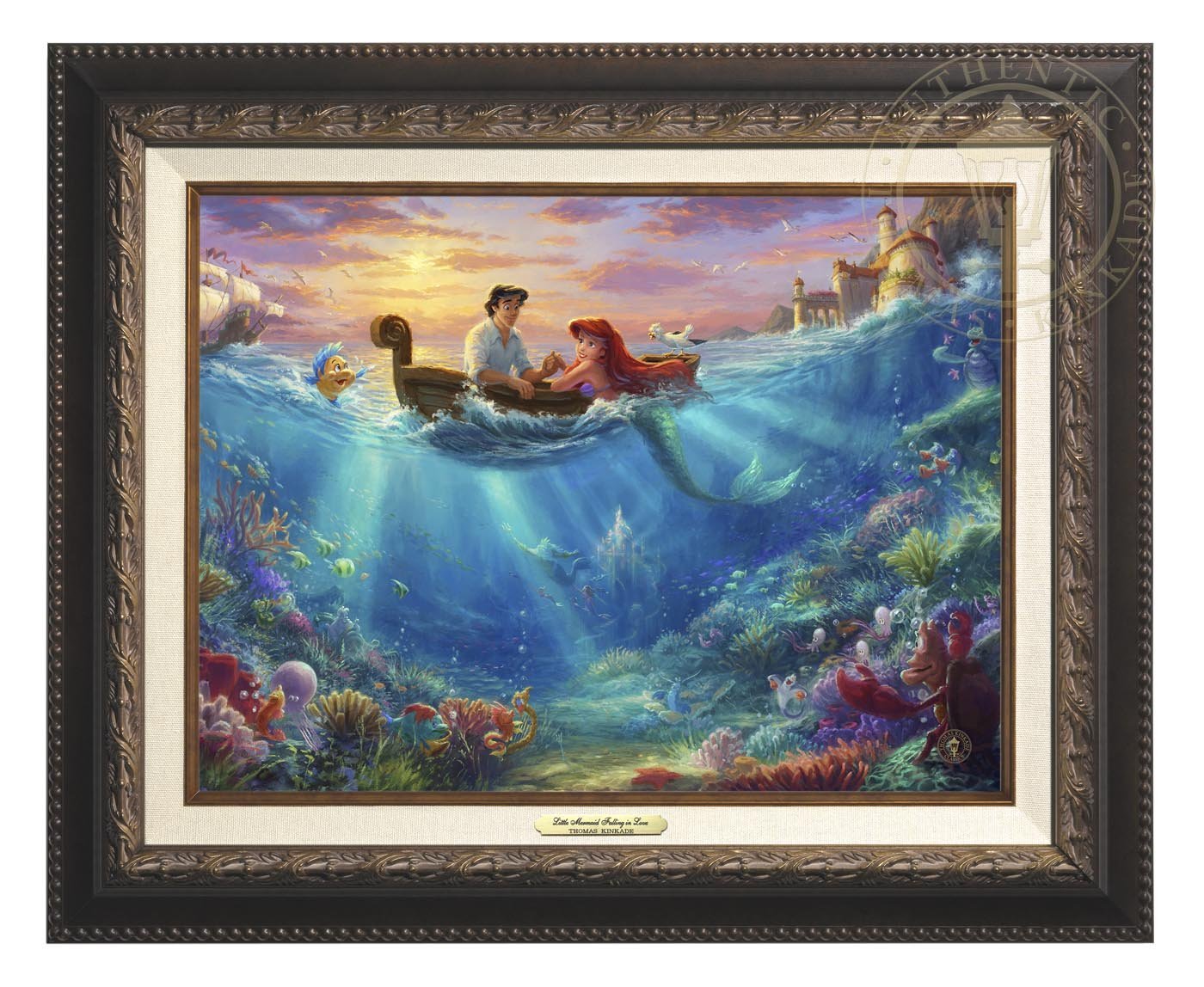 Little Mermaid Falling in Love by Thomas Kinkade Studios. Ariel and Prince Eric share precious time together with Flounder and Sebastian nearby. The wretched sea witch, Ursula, lurks in the shadows for her opportunity to strike. Deep below King Triton races from the castle in Atlantica to rescue his daughter - Aged Bronze Frame