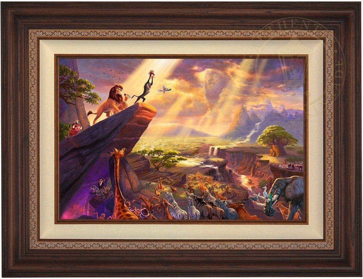 The proud parents Mufasa and Nala watch as Rafiki pays tribute to the new born cub Simba, the future King of the land on the Pride Rock for all the kingdom to see - Dark Walnut Frame