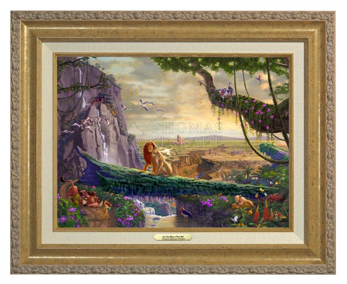 Simba and Nala, as a young adult, finding love, and in the distance presenting his son back on Pride Rock - Classic Antique Gold Frame