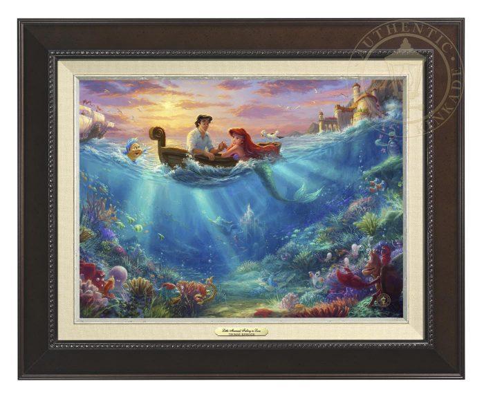 Little Mermaid Falling in Love by Thomas Kinkade Studios. Ariel and Prince Eric share precious time together with Flounder and Sebastian nearby. The wretched sea witch, Ursula, lurks in the shadows for her opportunity to strike. Deep below King Triton races from the castle in Atlantica to rescue his daughter - Espresso Frame