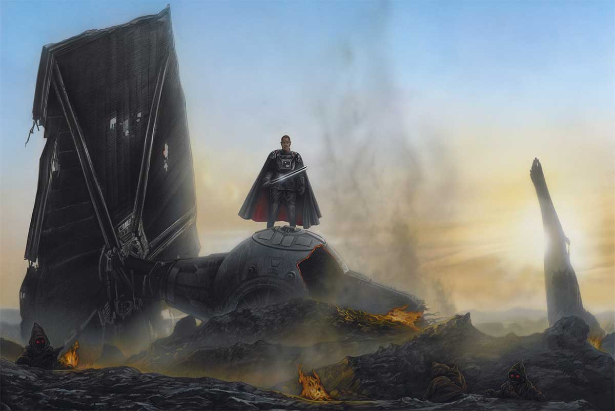 Defiant, Moff Gideon™ rises from the ashes of his crumpled TIE fighter™ which still burns beneath his feet. Unframed Canvas