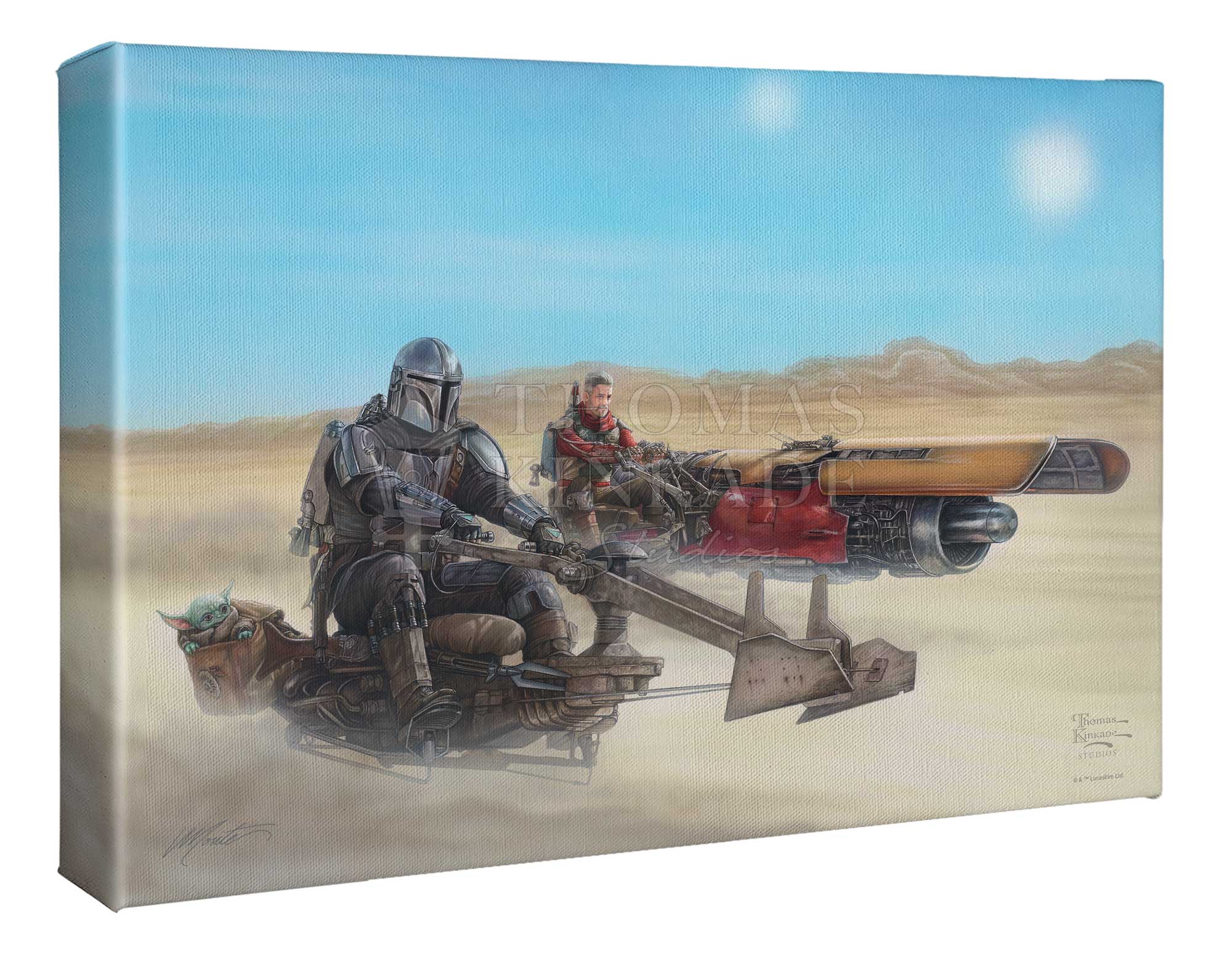 Mando rides on a Outer Rim speeder bike and the Marshal on a modified Podracer. as they travel to the Krayt Dragon’s Lair, 10x14