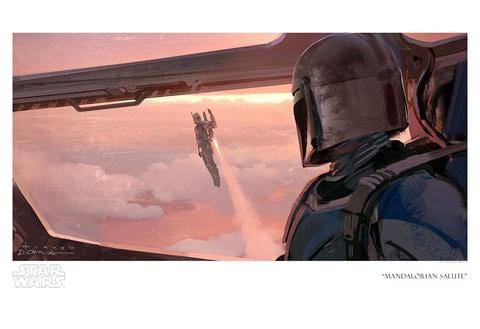 Mandalorian, watches from his Razor Crest as Jango Fett flys above him in his harnessed jetpack - paper