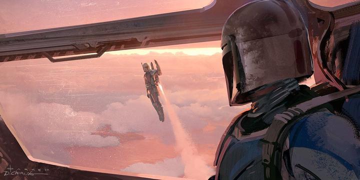 Mandalorian, watches from his Razor Crest as Jango Fett flys above him in his harnessed jetpack - canvas